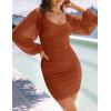 ZESICA Women’s Sexy V Neck Ruched Bodycon Mini Dress Puff Long Sleeve Cocktail Wedding Party Short Dresses(Caramel)