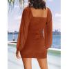 ZESICA Women’s Sexy V Neck Ruched Bodycon Mini Dress Puff Long Sleeve Cocktail Wedding Party Short Dresses(Caramel)