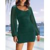 ZESICA Women’s Sexy V Neck Ruched Bodycon Mini Dress Puff Long Sleeve Cocktail Wedding Party Short Dresses(Forestgreen)