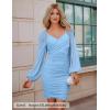 ZESICA Women’s Sexy V Neck Ruched Bodycon Mini Dress Puff Long Sleeve Cocktail Wedding Party Short Dresses(Lightblue)
