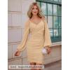 ZESICA Women’s Sexy V Neck Ruched Bodycon Mini Dress Puff Long Sleeve Cocktail Wedding Party Short Dresses(Lightkhaki)