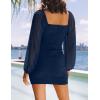 ZESICA Women’s Sexy V Neck Ruched Bodycon Mini Dress Puff Long Sleeve Cocktail Wedding Party Short Dresses(Navy)