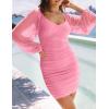ZESICA Women’s Sexy V Neck Ruched Bodycon Mini Dress Puff Long Sleeve Cocktail Wedding Party Short Dresses(Pink)