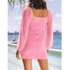ZESICA Women’s Sexy V Neck Ruched Bodycon Mini Dress Puff Long Sleeve Cocktail Wedding Party Short Dresses(Pink)