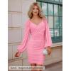 ZESICA Women’s Sexy V Neck Ruched Bodycon Mini Dress Puff Long Sleeve Cocktail Wedding Party Short Dresses(Pink)
