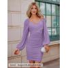 ZESICA Women’s Sexy V Neck Ruched Bodycon Mini Dress Puff Long Sleeve Cocktail Wedding Party Short Dresses(Purple)
