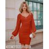 ZESICA Women’s Sexy V Neck Ruched Bodycon Mini Dress Puff Long Sleeve Cocktail Wedding Party Short Dresses(Rust)