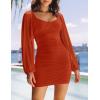 ZESICA Women’s Sexy V Neck Ruched Bodycon Mini Dress Puff Long Sleeve Cocktail Wedding Party Short Dresses(Rust)