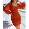 ZESICA Women’s Sexy V Neck Ruched Bodycon Mini Dress Puff Long Sleeve Cocktail Wedding Party Short Dresses(Rust)