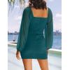 ZESICA Women’s Sexy V Neck Ruched Bodycon Mini Dress Puff Long Sleeve Cocktail Wedding Party Short Dresses(Teal)