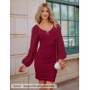 ZESICA Women’s Sexy V Neck Ruched Bodycon Mini Dress Puff Long Sleeve Cocktail Wedding Party Short Dresses(Wine)