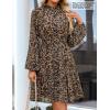 ZESICA Womens Spring Summer Floral Mini Dress Long Sleeve Button Chiffon A Line Swing Short Wedding Guest Party Dresses(Leopard)