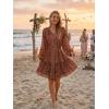 ZESICA Womens Spring Summer Floral Mini Dress Long Sleeve Button Chiffon A Line Swing Short Wedding Guest Party Dresses(Redbrown)