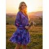 ZESICA Womens Spring Summer Floral Mini Dress Long Sleeve Button Chiffon A Line Swing Short Wedding Guest Party Dresses(Royal Blue)