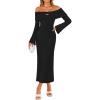 ZESICA Women’s Fall Off Shoulder Sweater Dress 2025 Bell Long Sleeve Ribbed Knit Bodycon Formal Maxi Dresses(Black)