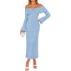ZESICA Women’s Fall Off Shoulder Sweater Dress 2025 Bell Long Sleeve Ribbed Knit Bodycon Formal Maxi Dresses(Blue)