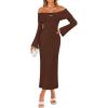 ZESICA Women’s Fall Off Shoulder Sweater Dress 2025 Bell Long Sleeve Ribbed Knit Bodycon Formal Maxi Dresses(Caramel)