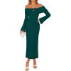 ZESICA Women’s Fall Off Shoulder Sweater Dress 2025 Bell Long Sleeve Ribbed Knit Bodycon Formal Maxi Dresses(Darkgreen)