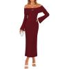 ZESICA Women’s Fall Off Shoulder Sweater Dress 2025 Bell Long Sleeve Ribbed Knit Bodycon Formal Maxi Dresses(Wine)