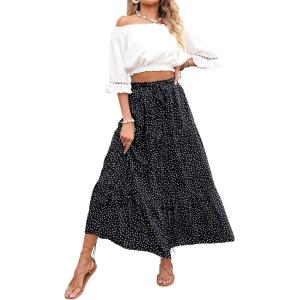 ZESICA Women’s 2026 Summer Bohemian Floral Printed Elastic Waist A Line Maxi Skirt with Pockets(Black)