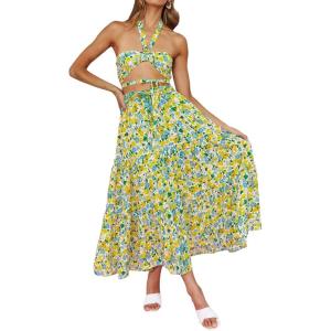 ZESICA Women’s 2026 Summer Bohemian Floral Printed Elastic Waist A Line Maxi Skirt with Pockets(Chartreuse)