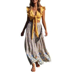 ZESICA Women’s 2026 Summer Bohemian Floral Printed Elastic Waist A Line Maxi Skirt with Pockets(Cream)