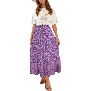 ZESICA Women’s 2026 Summer Bohemian Floral Printed Elastic Waist A Line Maxi Skirt with Pockets(Lightpurple)