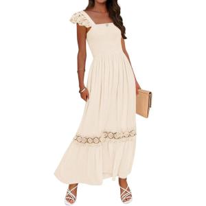 ZESICA Women’s 2026 Summer Lace Strap Sleeveless Square Neck Smocked High Waist Ruffle Hollow Out Flowy A Line Maxi Dress(Apricot)