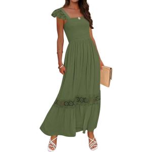ZESICA Women’s 2026 Summer Lace Strap Sleeveless Square Neck Smocked High Waist Ruffle Hollow Out Flowy A Line Maxi Dress(Armygreen)