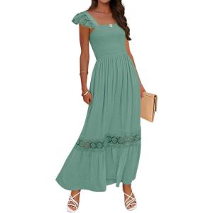 ZESICA Women’s 2026 Summer Lace Strap Sleeveless Square Neck Smocked High Waist Ruffle Hollow Out Flowy A Line Maxi Dress(Green)