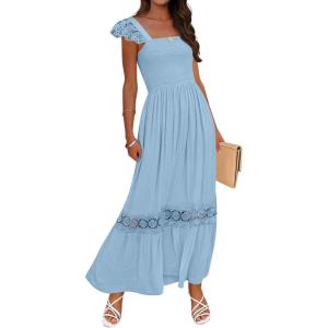 ZESICA Women’s 2026 Summer Lace Strap Sleeveless Square Neck Smocked High Waist Ruffle Hollow Out Flowy A Line Maxi Dress(Lightblue)