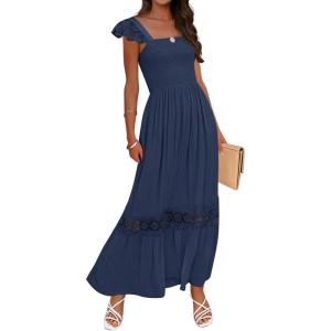 ZESICA Women’s 2026 Summer Lace Strap Sleeveless Square Neck Smocked High Waist Ruffle Hollow Out Flowy A Line Maxi Dress(Navy)