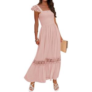ZESICA Women’s 2026 Summer Lace Strap Sleeveless Square Neck Smocked High Waist Ruffle Hollow Out Flowy A Line Maxi Dress(Pink)