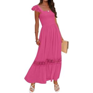ZESICA Women’s 2026 Summer Lace Strap Sleeveless Square Neck Smocked High Waist Ruffle Hollow Out Flowy A Line Maxi Dress(Rose)