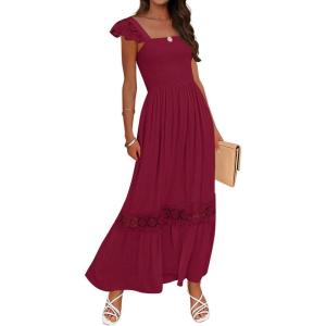 ZESICA Women’s 2026 Summer Lace Strap Sleeveless Square Neck Smocked High Waist Ruffle Hollow Out Flowy A Line Maxi Dress(Wine)