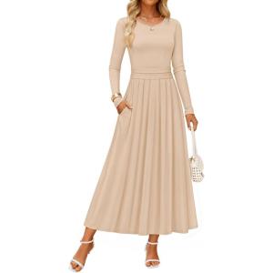 ZESICA Women’s Elegant Long Sleeve Maxi Dress 2026 Fall Crewneck Knit High Wasit Pleated Flowy A Line Casual Party Dresses(Apricot)