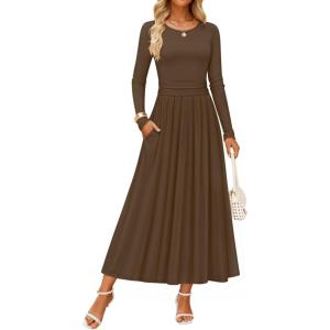ZESICA Women’s Elegant Long Sleeve Maxi Dress 2026 Fall Crewneck Knit High Wasit Pleated Flowy A Line Casual Party Dresses(Brown)