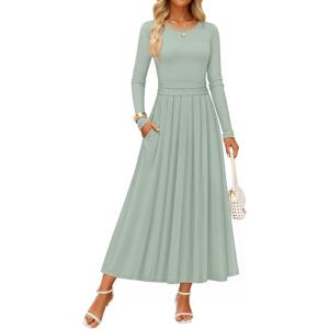 ZESICA Women’s Elegant Long Sleeve Maxi Dress 2026 Fall Crewneck Knit High Wasit Pleated Flowy A Line Casual Party Dresses(Green)