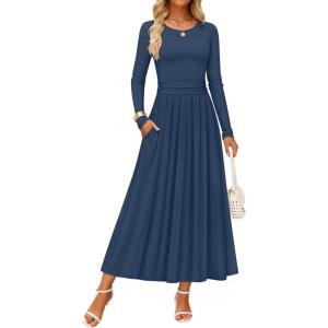 ZESICA Women’s Elegant Long Sleeve Maxi Dress 2026 Fall Crewneck Knit High Wasit Pleated Flowy A Line Casual Party Dresses(Navy)