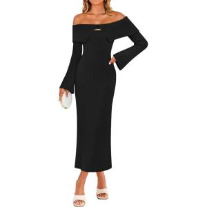 ZESICA Women’s Fall Off Shoulder Sweater Dress 2025 Bell Long Sleeve Ribbed Knit Bodycon Formal Maxi Dresses(Black)