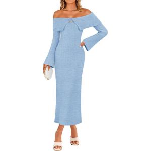 ZESICA Women’s Fall Off Shoulder Sweater Dress 2025 Bell Long Sleeve Ribbed Knit Bodycon Formal Maxi Dresses(Blue)