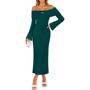 ZESICA Women’s Fall Off Shoulder Sweater Dress 2025 Bell Long Sleeve Ribbed Knit Bodycon Formal Maxi Dresses(Darkgreen)