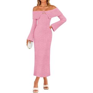 ZESICA Women’s Fall Off Shoulder Sweater Dress 2025 Bell Long Sleeve Ribbed Knit Bodycon Formal Maxi Dresses(Pink)