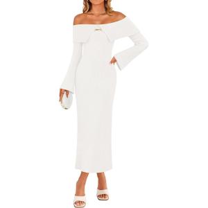 ZESICA Women’s Fall Off Shoulder Sweater Dress 2025 Bell Long Sleeve Ribbed Knit Bodycon Formal Maxi Dresses(White)