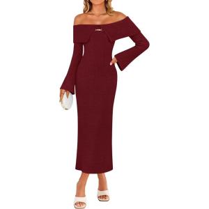 ZESICA Women’s Fall Off Shoulder Sweater Dress 2025 Bell Long Sleeve Ribbed Knit Bodycon Formal Maxi Dresses(Wine)