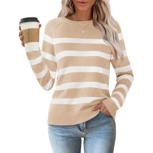 ZESICA Women’s Long Sleeve Lightweight Striped Tops 2026 Fall Crewneck Ribbed Knit Shirts(Apricot)