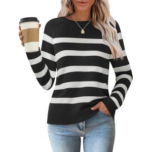 ZESICA Women’s Long Sleeve Lightweight Striped Tops 2026 Fall Crewneck Ribbed Knit Shirts(Black)
