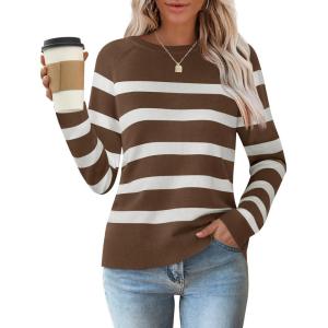 ZESICA Women’s Long Sleeve Lightweight Striped Tops 2026 Fall Crewneck Ribbed Knit Shirts(Brown)