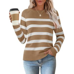 ZESICA Women’s Long Sleeve Lightweight Striped Tops 2026 Fall Crewneck Ribbed Knit Shirts(Khaki)