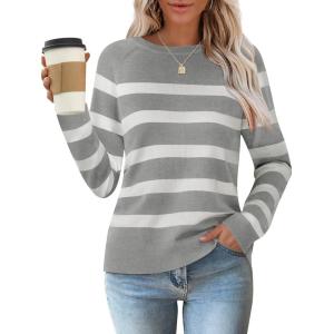 ZESICA Women’s Long Sleeve Lightweight Striped Tops 2026 Fall Crewneck Ribbed Knit Shirts(Light Grey)